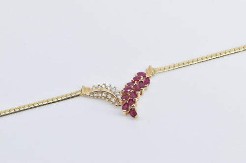 14K Marquise Ruby Diamond Chevron Cluster Chain Necklace 17