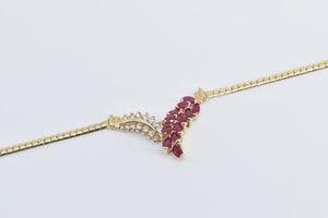 14K Marquise Ruby Diamond Chevron Cluster Chain Necklace 17" Yellow Gold