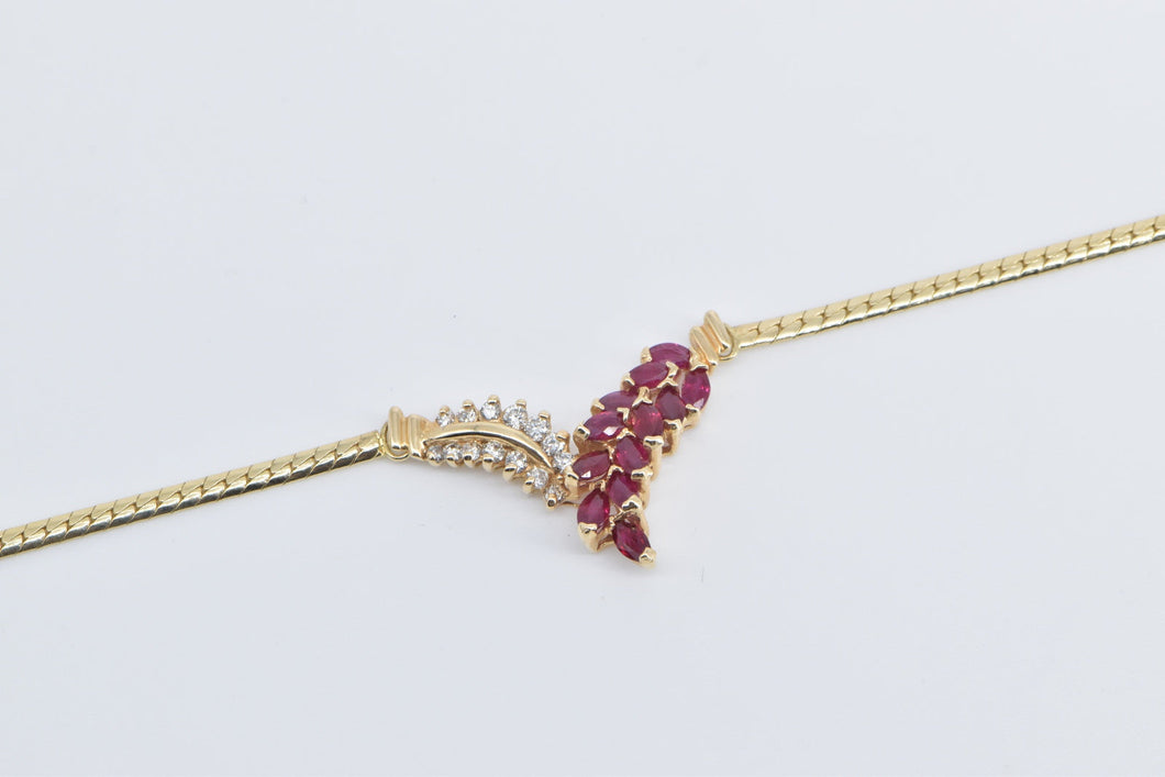 14K Marquise Ruby Diamond Chevron Cluster Chain Necklace 17