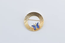 Load image into Gallery viewer, 14K Blue Enamel Butterfly Vintage Round Circle Pin/Brooch Yellow Gold