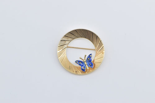 14K Blue Enamel Butterfly Vintage Round Circle Pin/Brooch Yellow Gold