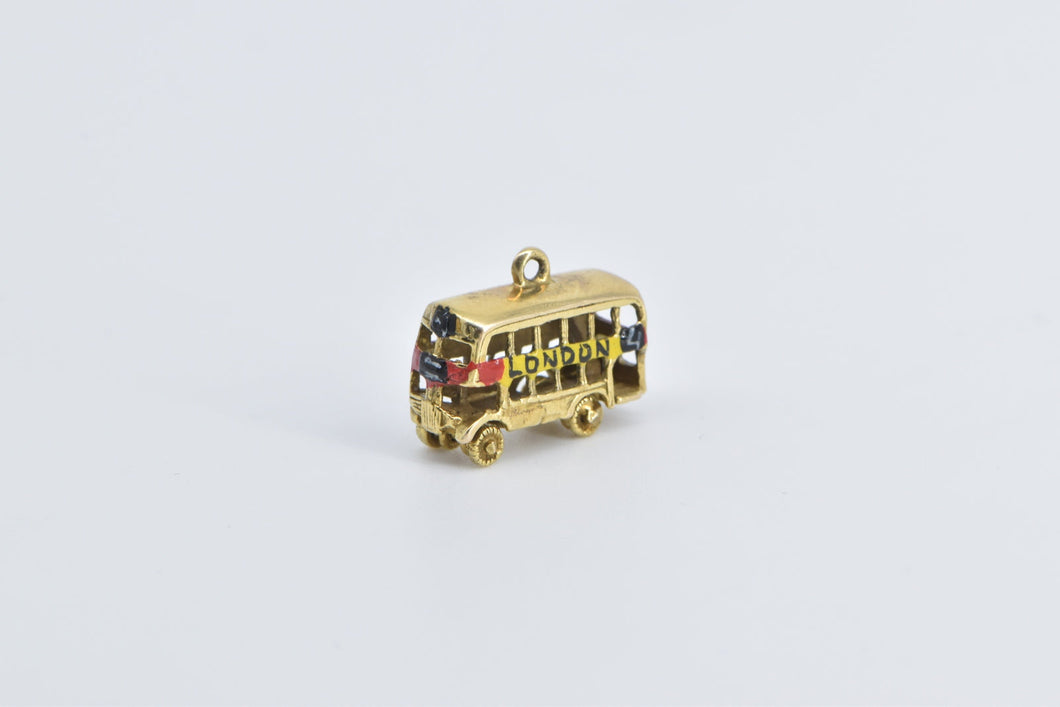 9K London Enamel Double Decker Bus Travel Charm/Pendant Yellow Gold