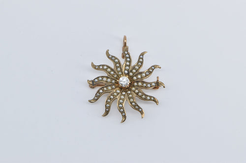 10K Victorian Diamond Sun Flower Seed Pearl Pendant/Pin Yellow Gold