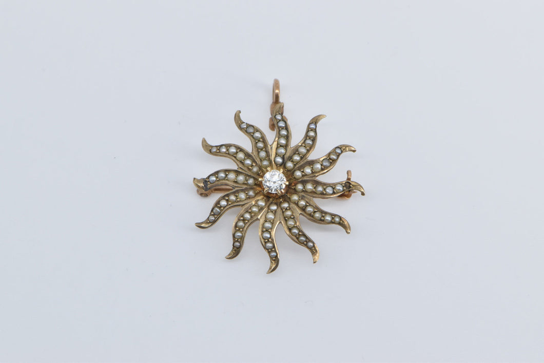 10K Victorian Diamond Sun Flower Seed Pearl Pendant/Pin Yellow Gold