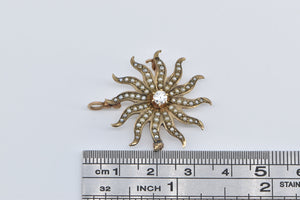 10K Victorian Diamond Sun Flower Seed Pearl Pendant/Pin Yellow Gold