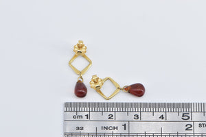 14K Vintage Square Garnet Tear Drop Fashion Earrings Yellow Gold