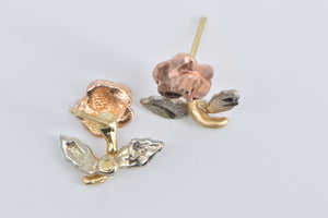 10K Tri Tone Rose Diamond Cut Flower Stud Earrings Yellow Gold