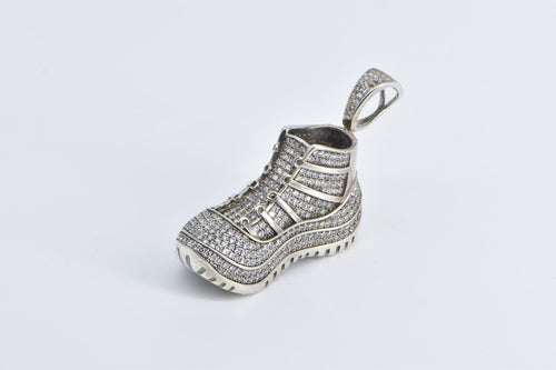 Sterling Silver Pave Encrusted Running Shoe CZ Track Pendant