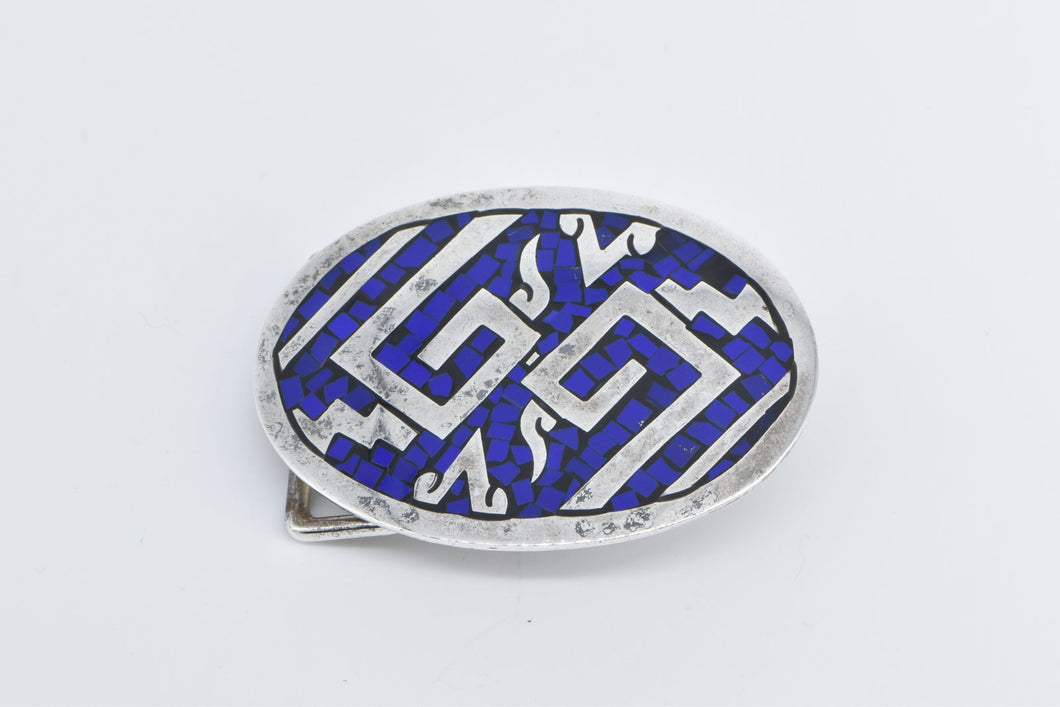 Sterling Silver Ornate Lapis Enamel Inlay Mexican Geometric Belt Buckle