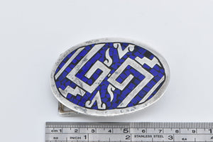 Sterling Silver Ornate Lapis Enamel Inlay Mexican Geometric Belt Buckle