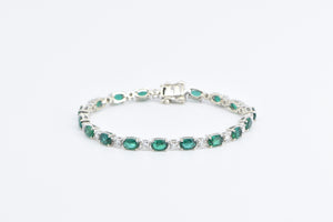 14K Oval Syn. Emerald Diamond Vintage Tennis Bracelet 6.5" White Gold