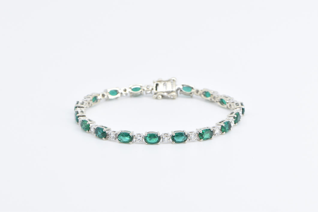 14K Oval Syn. Emerald Diamond Vintage Tennis Bracelet 6.5