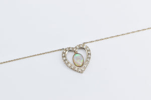 14K Oval Opal Diamond Heart Love Symbol Chain Necklace 19" Yellow Gold