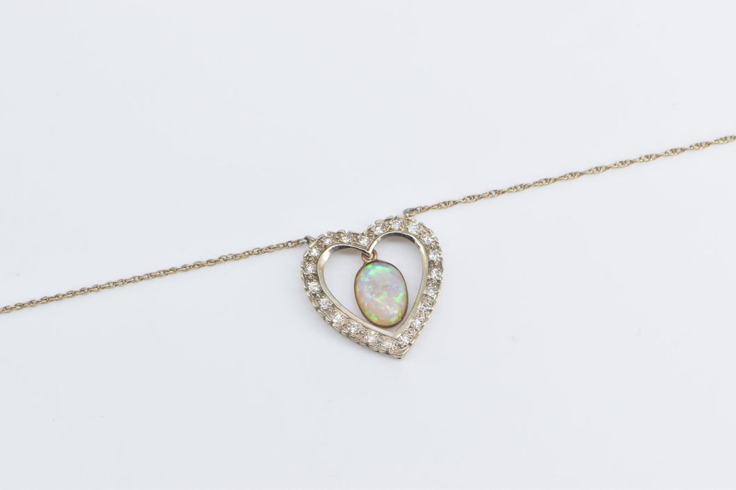 14K Oval Opal Diamond Heart Love Symbol Chain Necklace 19