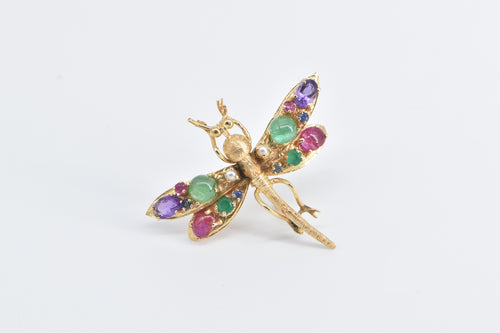 14K Gemstone Encrusted Dragonfly Dress Clip Pin/Brooch Yellow Gold