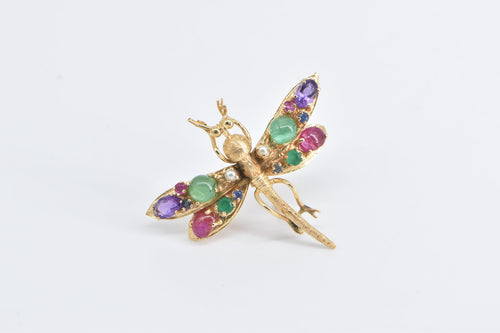 14K Gemstone Encrusted Dragonfly Dress Clip Pin/Brooch Yellow Gold