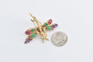 14K Gemstone Encrusted Dragonfly Dress Clip Pin/Brooch Yellow Gold