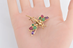 14K Gemstone Encrusted Dragonfly Dress Clip Pin/Brooch Yellow Gold