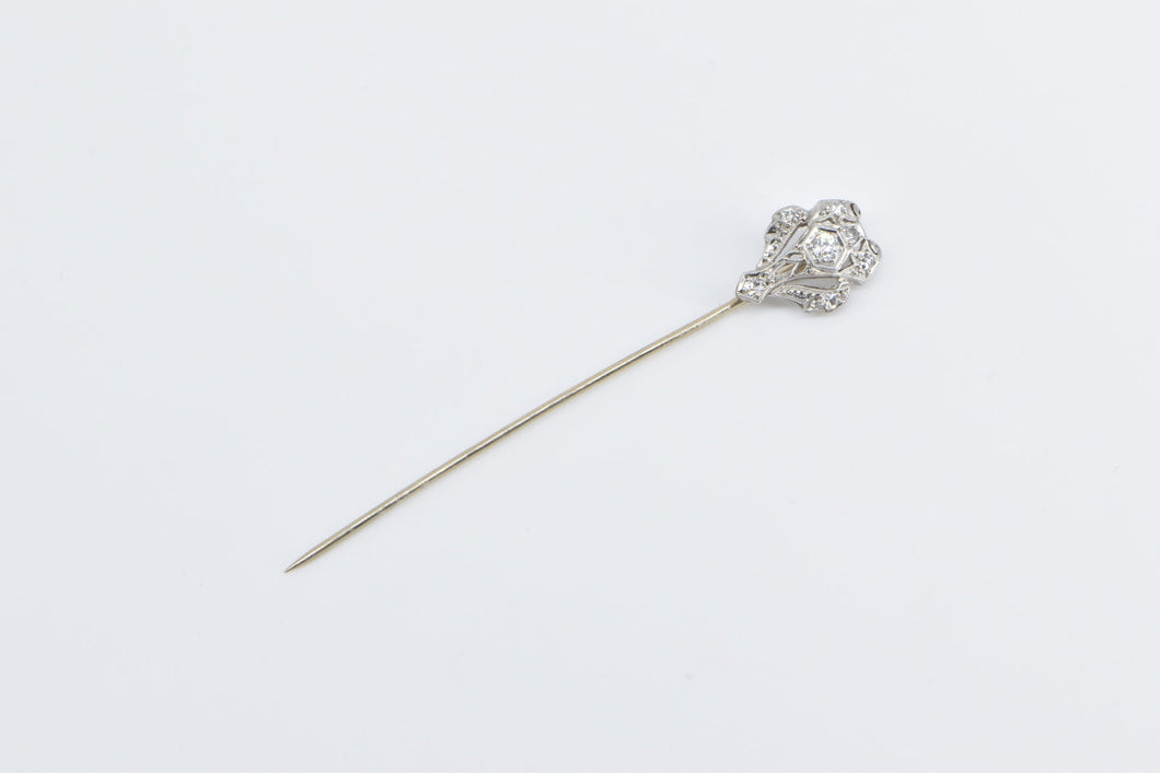 14K Art Deco Diamond Ornate Decorative Stick Pin White Gold