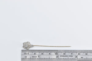 14K Art Deco Diamond Ornate Decorative Stick Pin White Gold