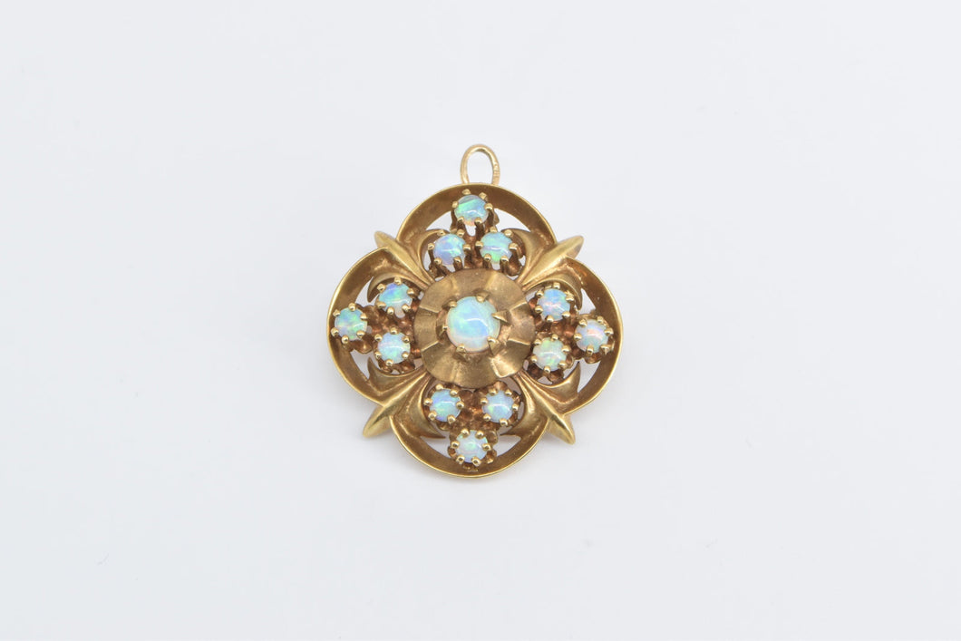 14K 1940's Natural Opal Quatrefoil Statement Pendant/Pin Yellow Gold