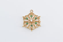 Load image into Gallery viewer, 14K Victorian Emerald Diamond Flower Heart Cluster Pendant/Pin Yellow Gold