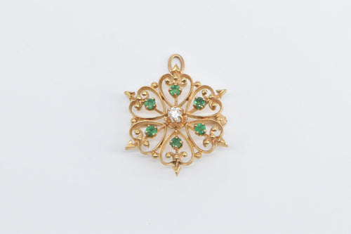 14K Victorian Emerald Diamond Flower Heart Cluster Pendant/Pin Yellow Gold