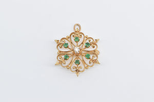 14K Victorian Emerald Diamond Flower Heart Cluster Pendant/Pin Yellow Gold