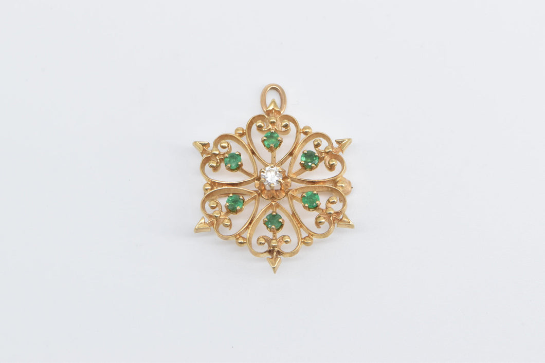 14K Victorian Emerald Diamond Flower Heart Cluster Pendant/Pin Yellow Gold