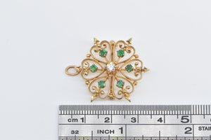 14K Victorian Emerald Diamond Flower Heart Cluster Pendant/Pin Yellow Gold