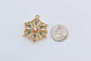 14K Victorian Emerald Diamond Flower Heart Cluster Pendant/Pin Yellow Gold