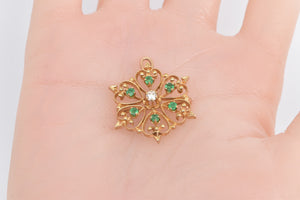 14K Victorian Emerald Diamond Flower Heart Cluster Pendant/Pin Yellow Gold