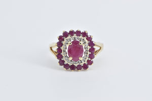 14K Oval Natural Ruby Diamond Halo Statement Ring Yellow Gold