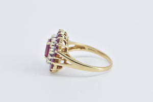 14K Oval Natural Ruby Diamond Halo Statement Ring Yellow Gold