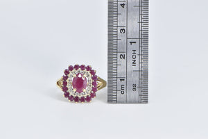 14K Oval Natural Ruby Diamond Halo Statement Ring Yellow Gold