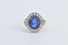 Load image into Gallery viewer, 14K Vintage Syn. Sapphire Diamond Halo Engagement Ring Yellow Gold