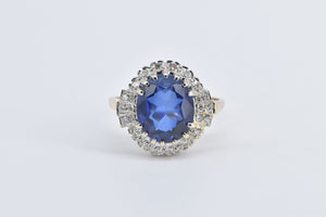 14K Vintage Syn. Sapphire Diamond Halo Engagement Ring Yellow Gold