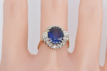 Load image into Gallery viewer, 14K Vintage Syn. Sapphire Diamond Halo Engagement Ring Yellow Gold