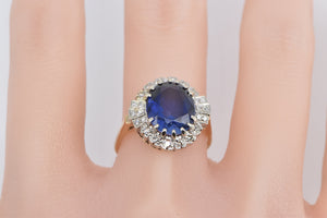 14K Vintage Syn. Sapphire Diamond Halo Engagement Ring Yellow Gold