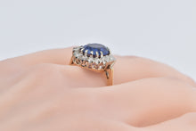 Load image into Gallery viewer, 14K Vintage Syn. Sapphire Diamond Halo Engagement Ring Yellow Gold