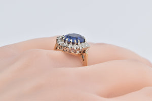 14K Vintage Syn. Sapphire Diamond Halo Engagement Ring Yellow Gold