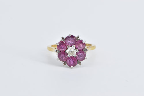 18K 1.70 Ctw Natural Ruby Diamond Flower Cluster Ring Yellow Gold