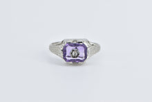 Load image into Gallery viewer, 18K Art Deco Amethyst Diamond Vine Etched Ring White Gold