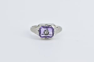 18K Art Deco Amethyst Diamond Vine Etched Ring White Gold