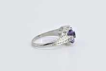 Load image into Gallery viewer, 18K Art Deco Amethyst Diamond Vine Etched Ring White Gold