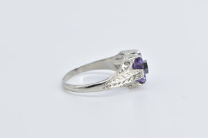 18K Art Deco Amethyst Diamond Vine Etched Ring White Gold