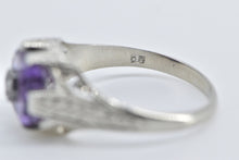 Load image into Gallery viewer, 18K Art Deco Amethyst Diamond Vine Etched Ring White Gold