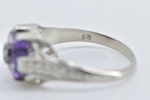 18K Art Deco Amethyst Diamond Vine Etched Ring White Gold