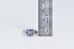 18K Art Deco Amethyst Diamond Vine Etched Ring White Gold