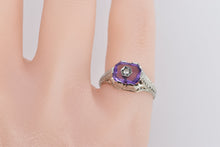 Load image into Gallery viewer, 18K Art Deco Amethyst Diamond Vine Etched Ring White Gold